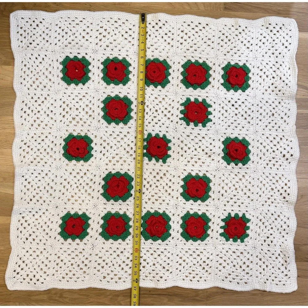 VTG Handmade Crochet Rose Afghan Blanket Raised Roses Granny Square Lap Throw